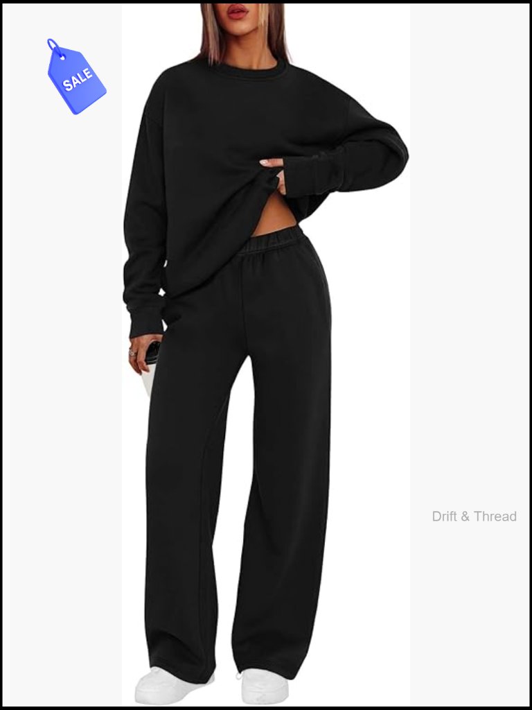Large Loose Fit Sweatsuit Set, Polyester Rayon, Crewneck Top, Wide Leg Pants